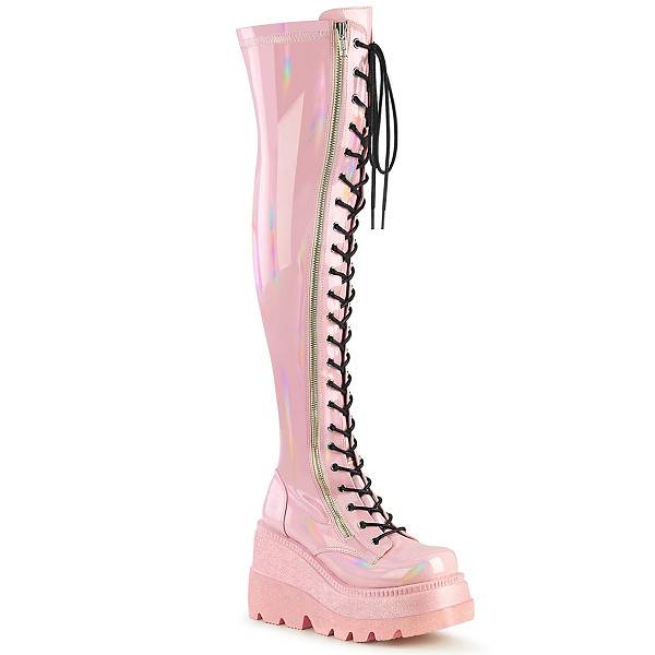 Demonia Shaker-374 Baby Pink Hologram Stretch Patent Stiefel Herren D584-190 Gothic Overknee Stiefel Pink Deutschland SALE